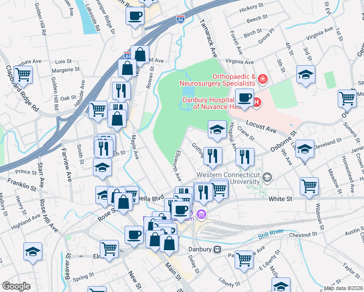 map of restaurants, bars, coffee shops, grocery stores, and more near 27 Ellsworth Avenue in Danbury