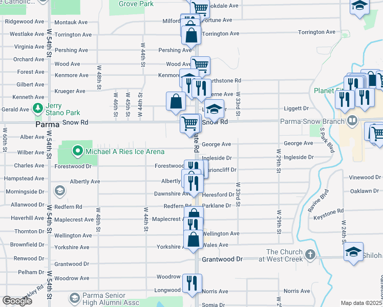 map of restaurants, bars, coffee shops, grocery stores, and more near 5874 State Road in Parma