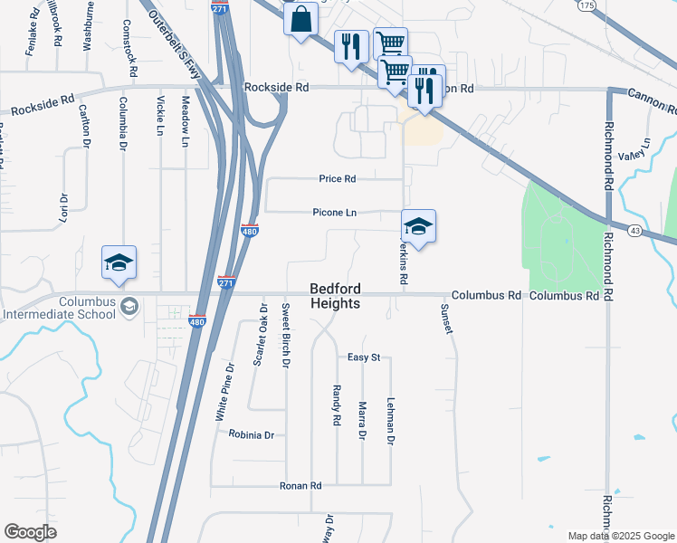 map of restaurants, bars, coffee shops, grocery stores, and more near 25031 Columbus Road in Bedford Heights
