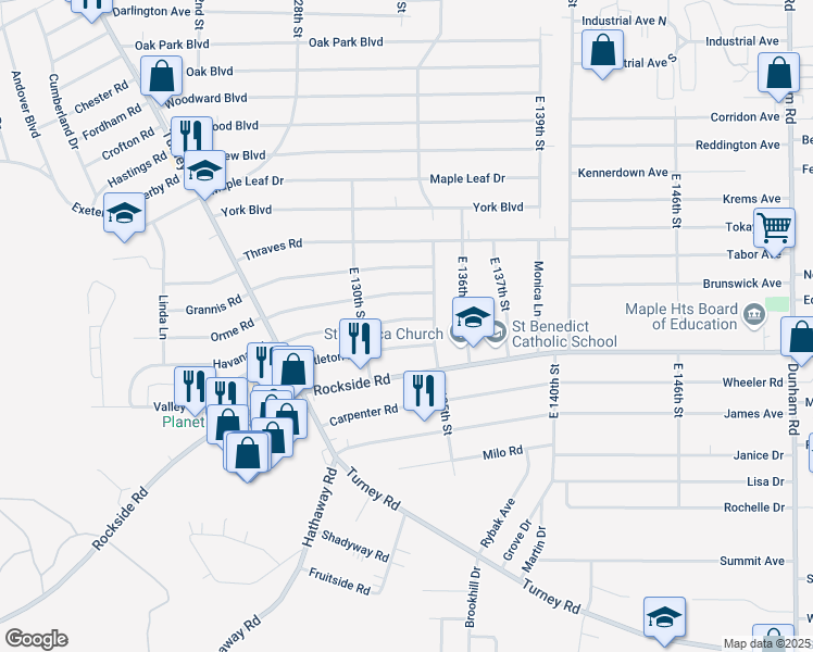 map of restaurants, bars, coffee shops, grocery stores, and more near 13304 Havana Road in Garfield Heights