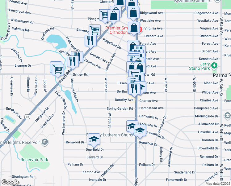 map of restaurants, bars, coffee shops, grocery stores, and more near 7719 Bertha Avenue in Parma