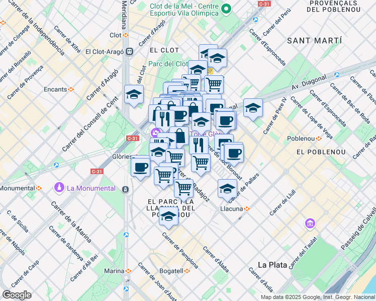 map of restaurants, bars, coffee shops, grocery stores, and more near 144 Carrer de la Ciutat de Granada in Barcelona