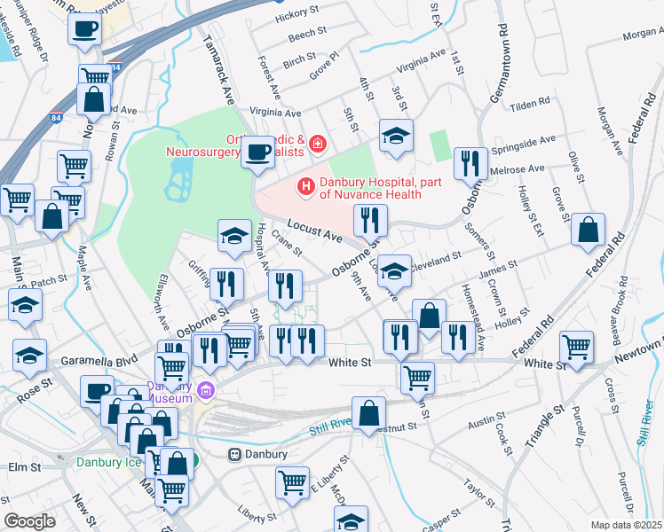 map of restaurants, bars, coffee shops, grocery stores, and more near 95 Osborne Street in Danbury