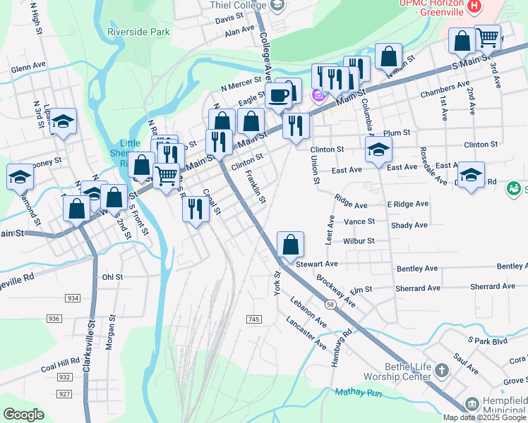 map of restaurants, bars, coffee shops, grocery stores, and more near 38 1/2 Franklin Street in Greenville