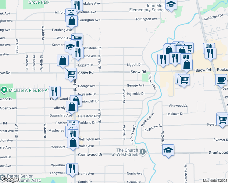 map of restaurants, bars, coffee shops, grocery stores, and more near 3010 Ingleside Dr in Parma