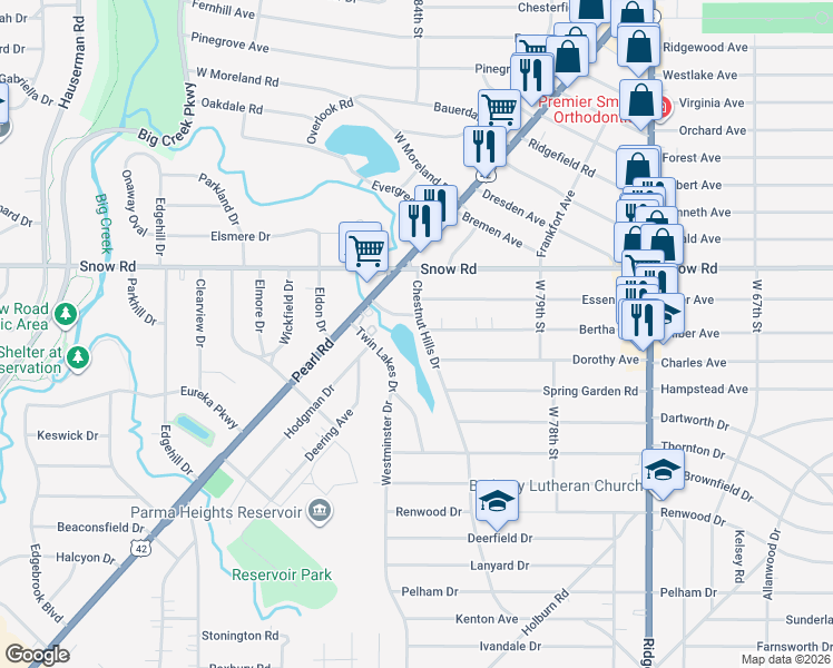 map of restaurants, bars, coffee shops, grocery stores, and more near 5874 Chestnut Hills Drive in Parma