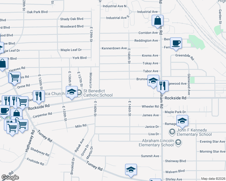 map of restaurants, bars, coffee shops, grocery stores, and more near 14301 Rockside Rd in Maple Heights