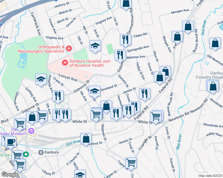 map of restaurants, bars, coffee shops, grocery stores, and more near 26 Cleveland Street in Danbury