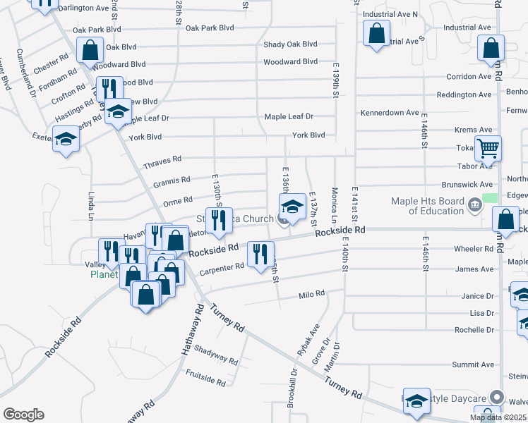 map of restaurants, bars, coffee shops, grocery stores, and more near 13414 Havana Road in Garfield Heights