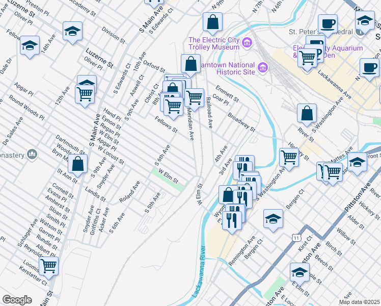 map of restaurants, bars, coffee shops, grocery stores, and more near 518 Meridian Avenue in Scranton