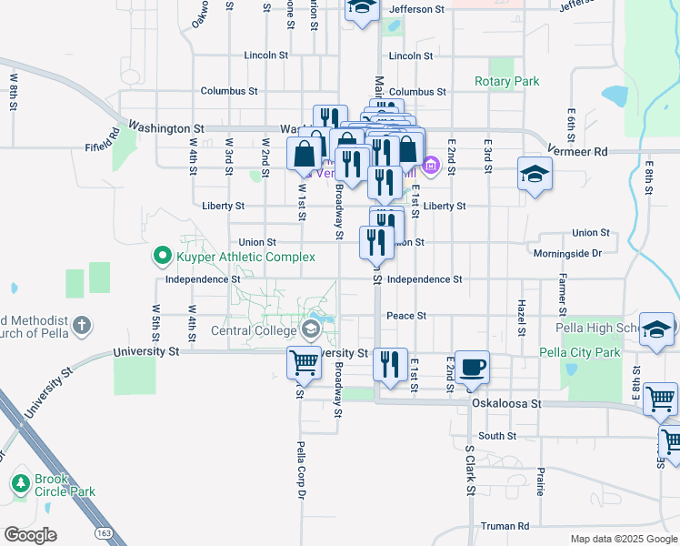 map of restaurants, bars, coffee shops, grocery stores, and more near 514 Broadway Street in Pella