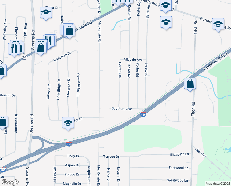 map of restaurants, bars, coffee shops, grocery stores, and more near 5990 Dorothy Dr in North Olmsted