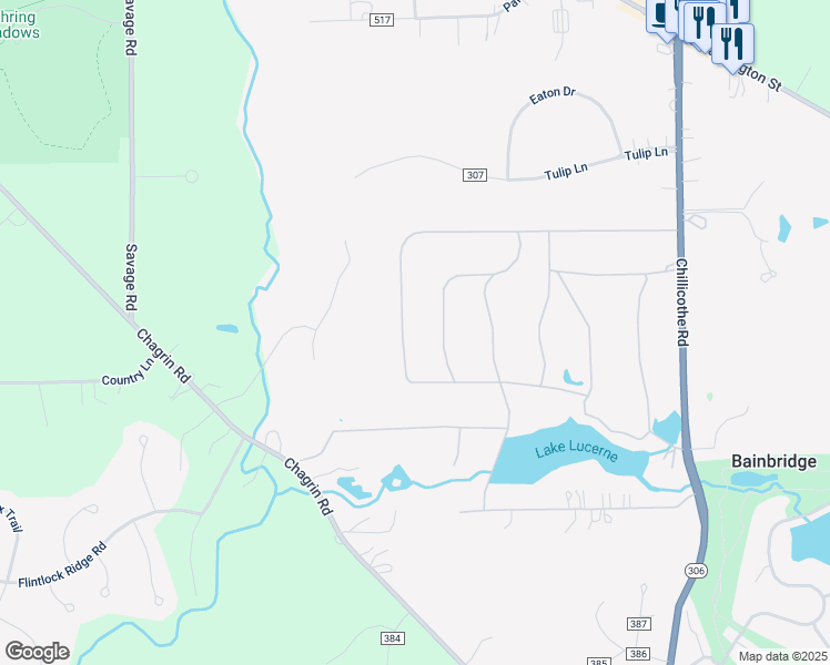 map of restaurants, bars, coffee shops, grocery stores, and more near 17139 Sunset Drive in Chagrin Falls