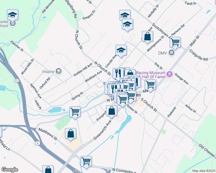 map of restaurants, bars, coffee shops, grocery stores, and more near Grand Street in Goshen