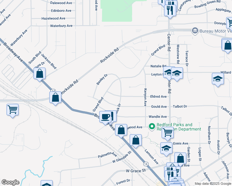 map of restaurants, bars, coffee shops, grocery stores, and more near 185 Eldred Ave in Bedford
