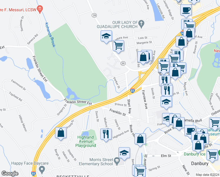 map of restaurants, bars, coffee shops, grocery stores, and more near 71 Kohanza Street in Danbury