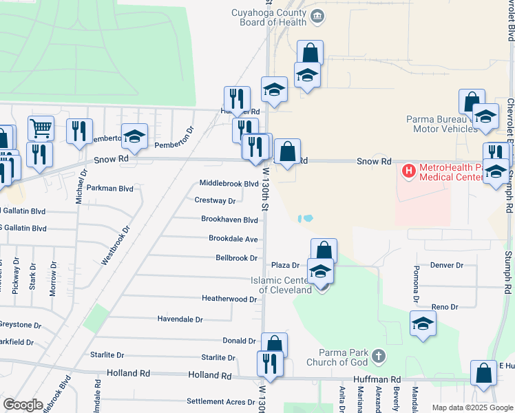 map of restaurants, bars, coffee shops, grocery stores, and more near 5850 West 130th Street in Brook Park