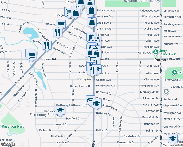 map of restaurants, bars, coffee shops, grocery stores, and more near 5870 Ridge Road in Parma