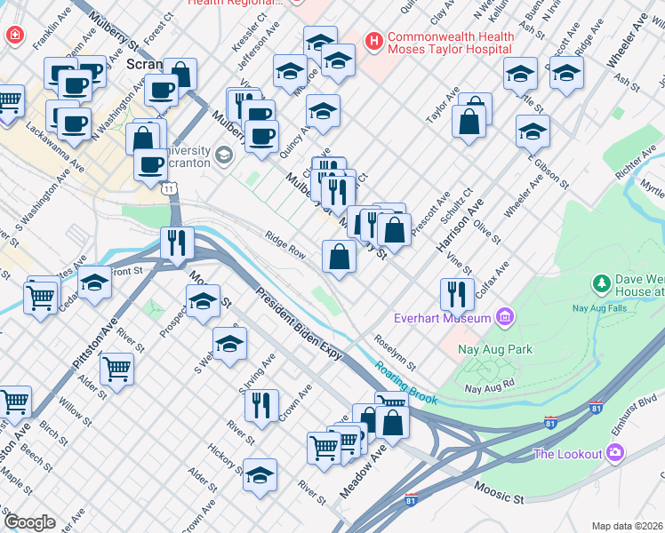 map of restaurants, bars, coffee shops, grocery stores, and more near 1318 Linden St in Scranton