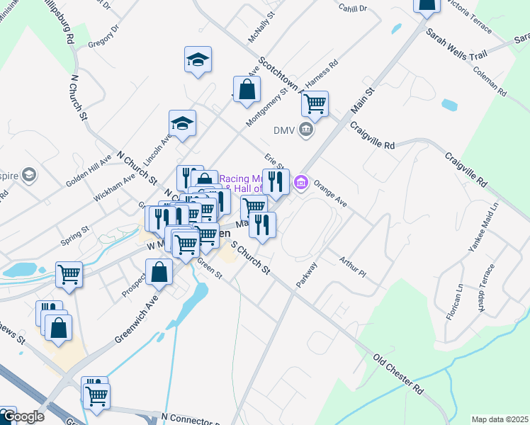 map of restaurants, bars, coffee shops, grocery stores, and more near 168 Main Street in Goshen
