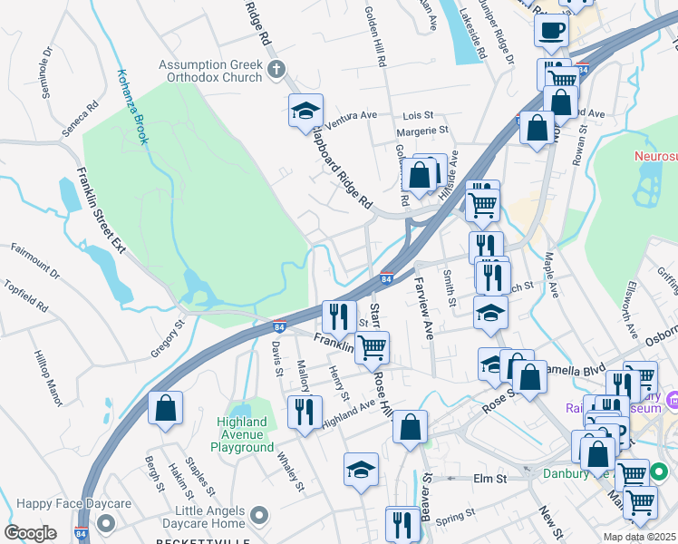 map of restaurants, bars, coffee shops, grocery stores, and more near 4 Fern Street in Danbury