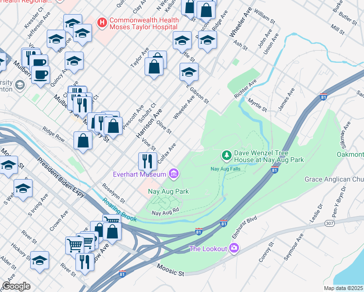 map of restaurants, bars, coffee shops, grocery stores, and more near 1814 Olive Street in Scranton