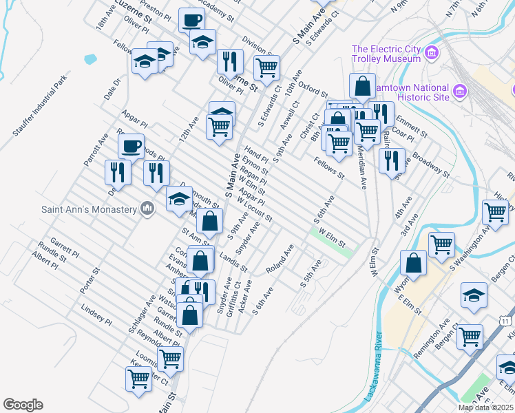 map of restaurants, bars, coffee shops, grocery stores, and more near 730 West Locust Street in Scranton