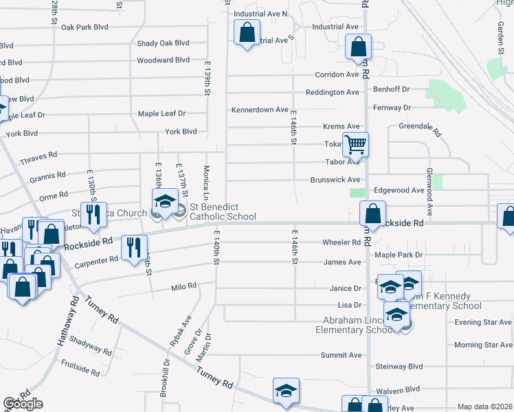 map of restaurants, bars, coffee shops, grocery stores, and more near 14301 Rockside Road in Maple Heights