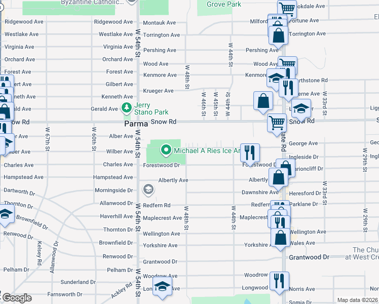 map of restaurants, bars, coffee shops, grocery stores, and more near 4719 Sheraton Drive in Parma