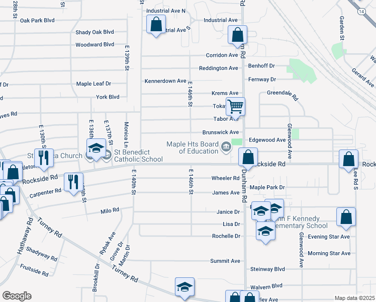 map of restaurants, bars, coffee shops, grocery stores, and more near 5740 East 146th Street in Maple Heights