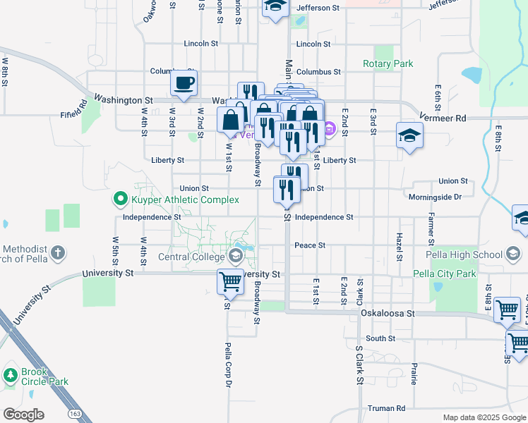 map of restaurants, bars, coffee shops, grocery stores, and more near 708 Independence Street in Pella