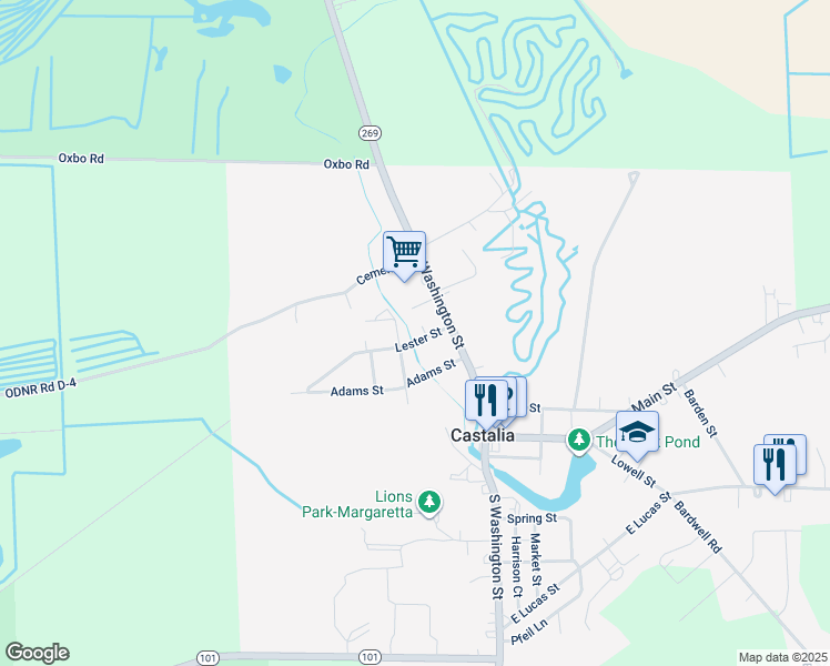 map of restaurants, bars, coffee shops, grocery stores, and more near 103 Lester Street in Castalia