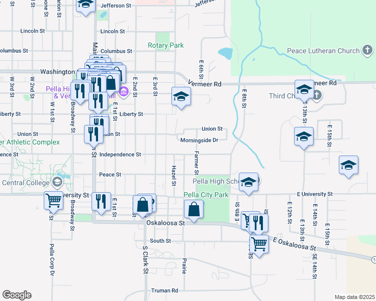 map of restaurants, bars, coffee shops, grocery stores, and more near 204 Independence Street in Pella