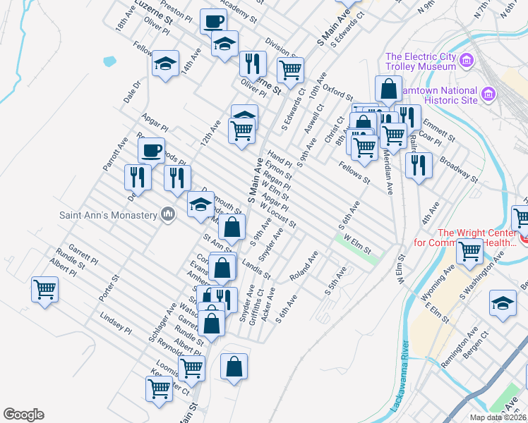 map of restaurants, bars, coffee shops, grocery stores, and more near 913-915 West Locust Street in Scranton