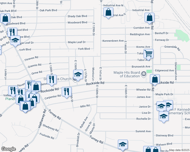 map of restaurants, bars, coffee shops, grocery stores, and more near 6003 Monica Lane in Garfield Heights