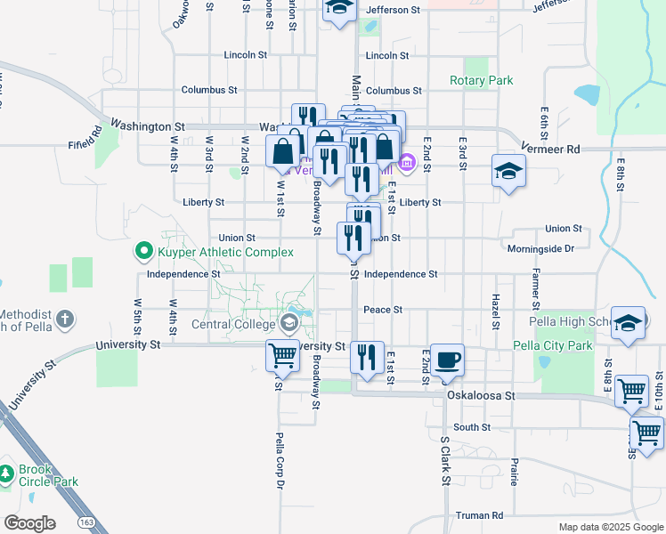 map of restaurants, bars, coffee shops, grocery stores, and more near 708 Independence Street in Pella