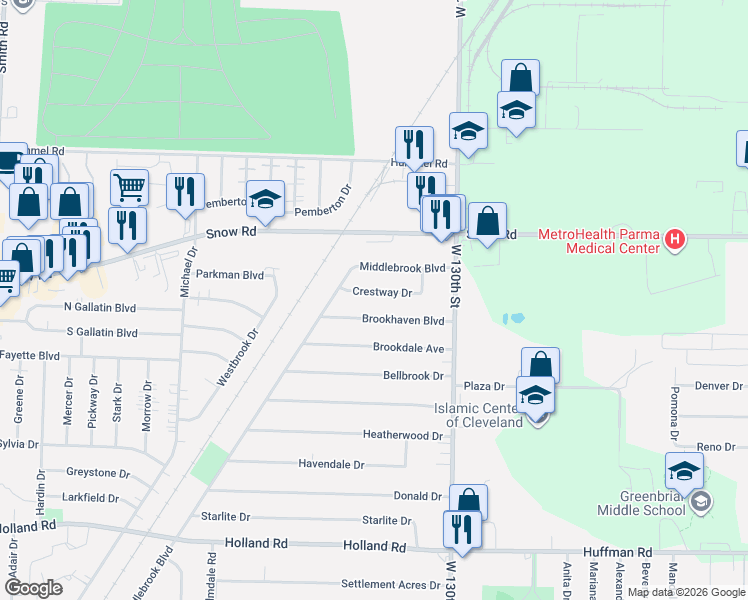 map of restaurants, bars, coffee shops, grocery stores, and more near 13583 Crestway Drive in Brook Park