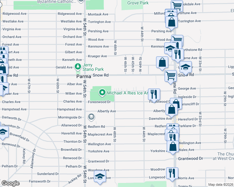 map of restaurants, bars, coffee shops, grocery stores, and more near 4719 Sheraton Drive in Parma