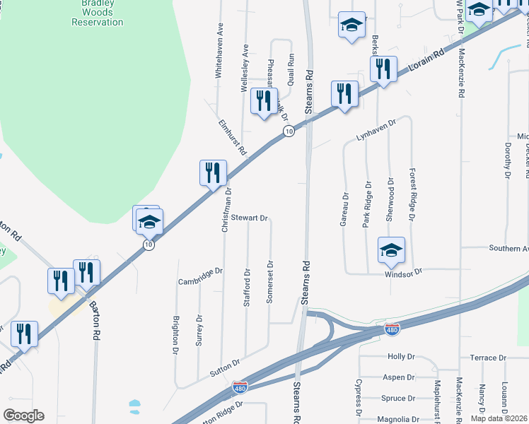 map of restaurants, bars, coffee shops, grocery stores, and more near 29376 Stewart Drive in North Olmsted