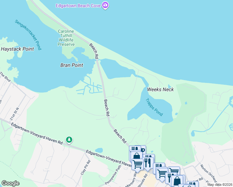 map of restaurants, bars, coffee shops, grocery stores, and more near 14 Cow Bay Road in Edgartown