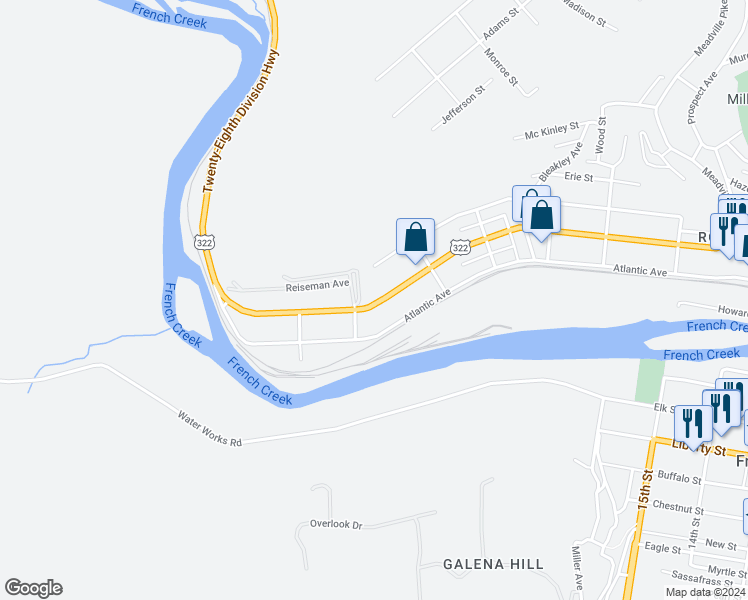 map of restaurants, bars, coffee shops, grocery stores, and more near 660 Grant St in Franklin