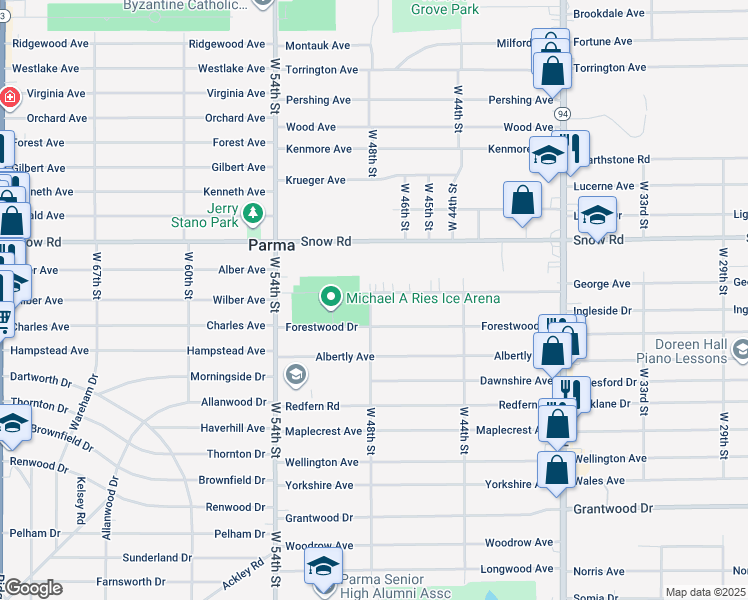 map of restaurants, bars, coffee shops, grocery stores, and more near 4719 Sheraton Drive in Parma