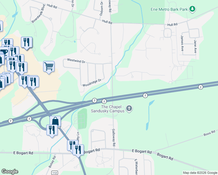 map of restaurants, bars, coffee shops, grocery stores, and more near 4217 Galloway Road in Sandusky