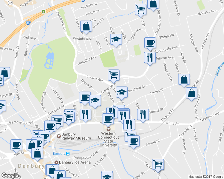 map of restaurants, bars, coffee shops, grocery stores, and more near 54 Locust Avenue in Danbury