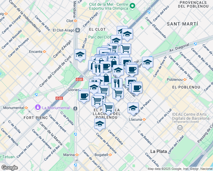 map of restaurants, bars, coffee shops, grocery stores, and more near 68 Carrer de Bolívia in Barcelona