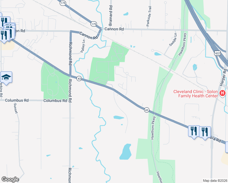 map of restaurants, bars, coffee shops, grocery stores, and more near 27840 Hawthorne Valley Drive in Solon