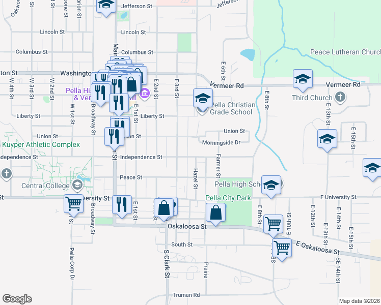 map of restaurants, bars, coffee shops, grocery stores, and more near 306 Independence Street in Pella