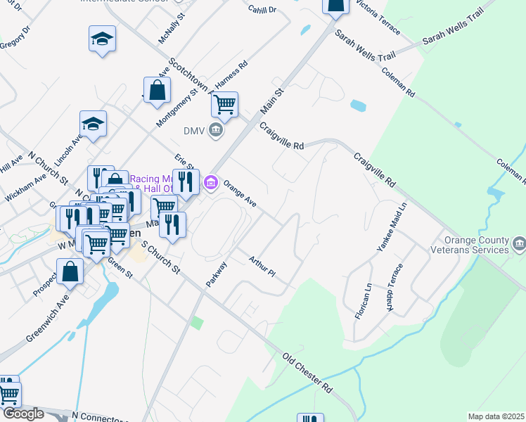 map of restaurants, bars, coffee shops, grocery stores, and more near 40 Orange Ave in Goshen