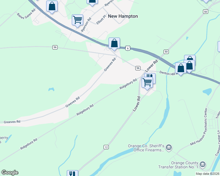 map of restaurants, bars, coffee shops, grocery stores, and more near 1233 Ridgebury Road in New Hampton