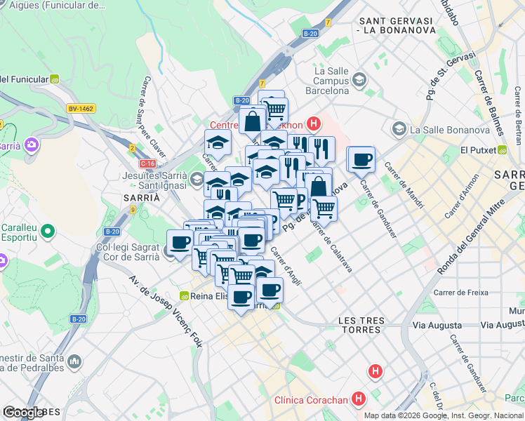 map of restaurants, bars, coffee shops, grocery stores, and more near 55 Carrer de Dolors Monserdà in Barcelona
